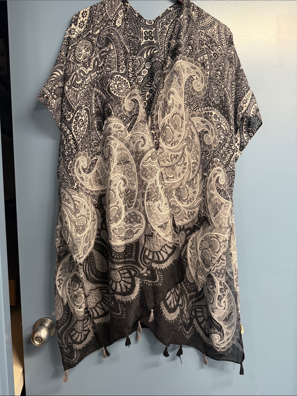 Black gray and white Paisley Kimono with Tassel accents